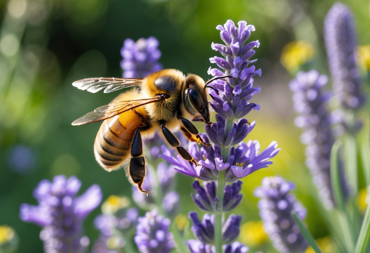 A honeybee collecting nectar on a purple lavender flower in a garden.