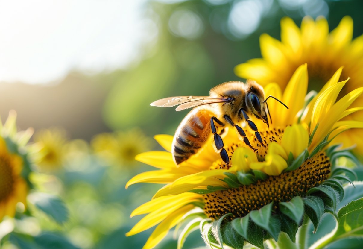 A honeybee collecting nectar from a bright yellow sunflower in a natural outdoor setting.