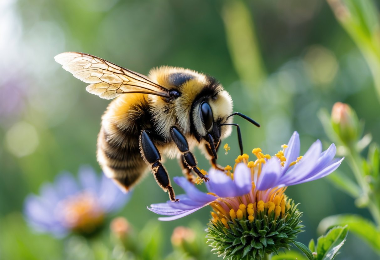 A bumblebee collecting pollen from a flower in a garden.