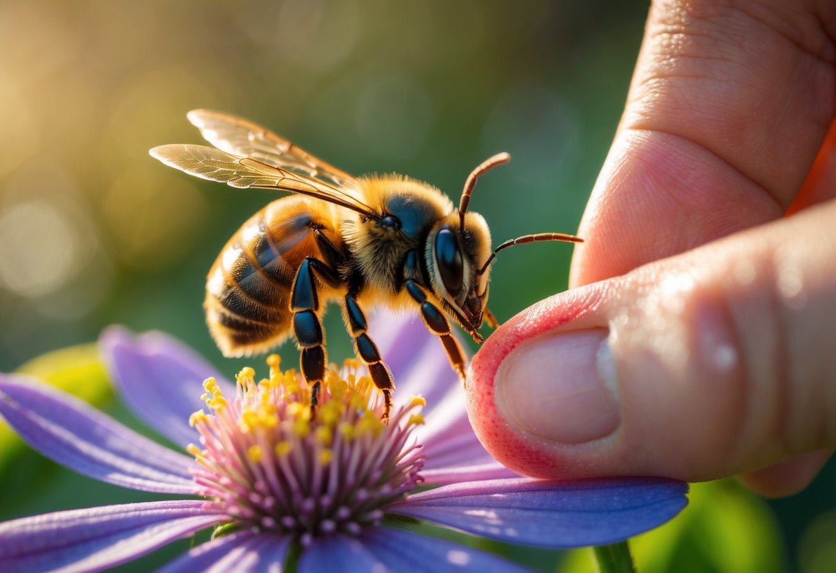 A bee on a flower near a human hand with a red swollen area from a bee sting.
