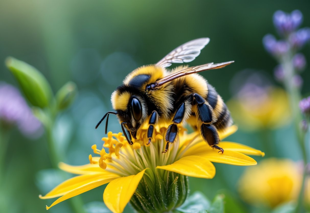 A bumble bee sitting on a yellow flower in a garden with green foliage in the background.