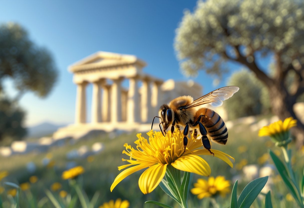 A honeybee resting on a yellow flower with ancient Greek columns and olive trees in the background.