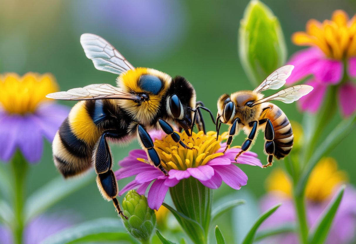 Close-up of a bumble bee and a honey bee on flowers in a garden.