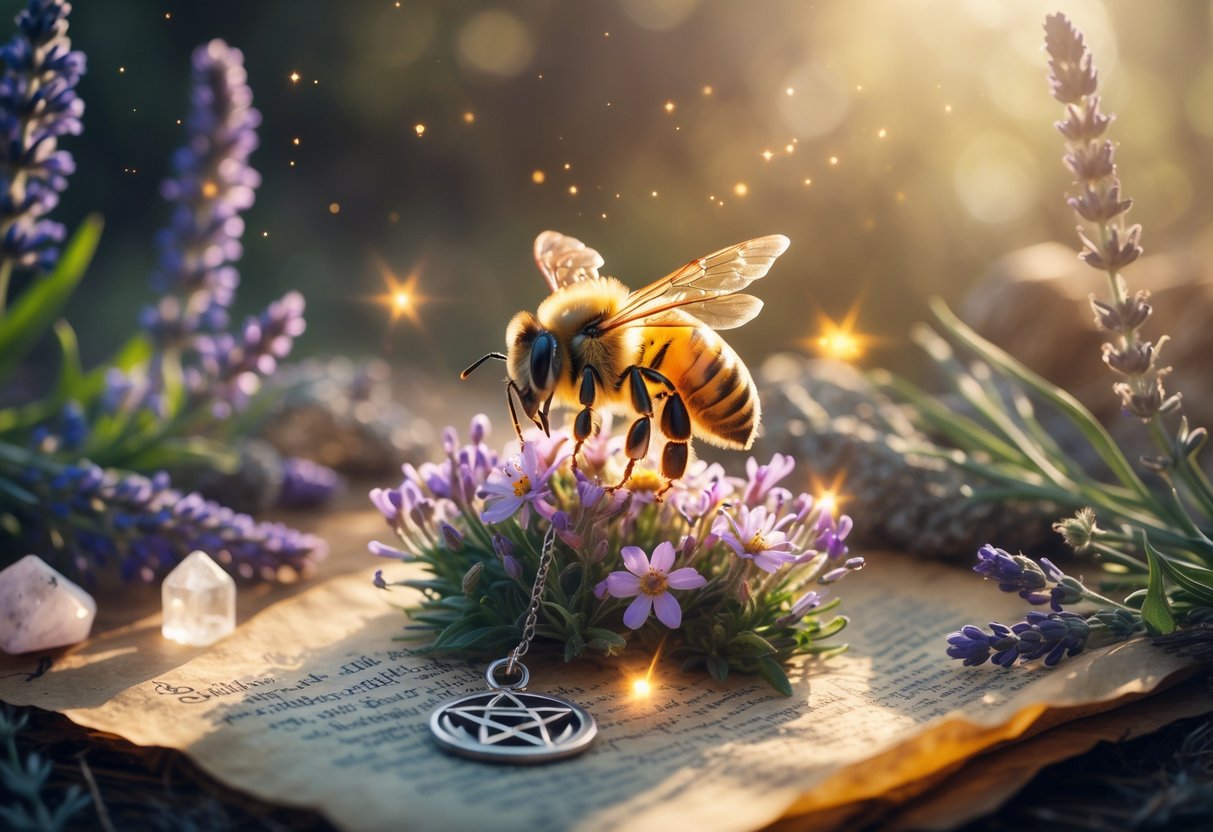 A close-up of a honeybee on wildflowers surrounded by crystals, dried herbs, and a glowing pentacle pendant on parchment in a woodland setting.