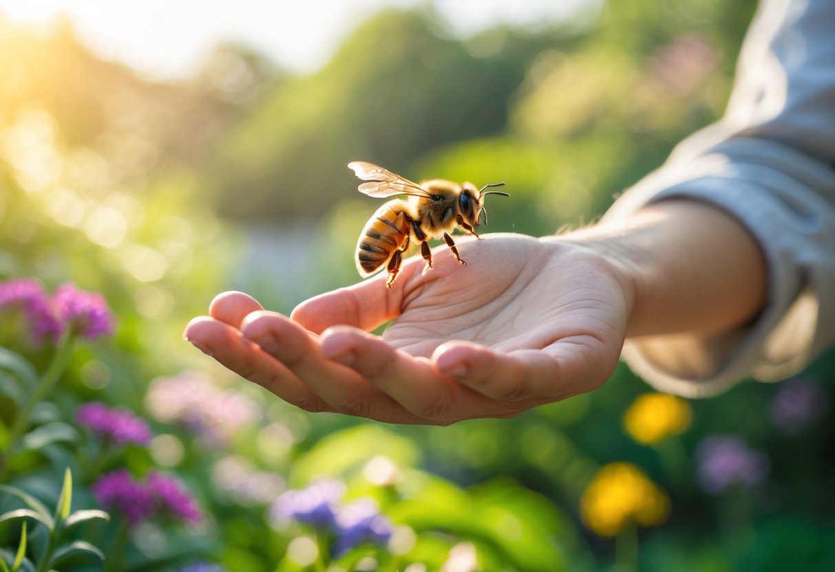 A honeybee landing on a person's open hand surrounded by flowers in a garden.