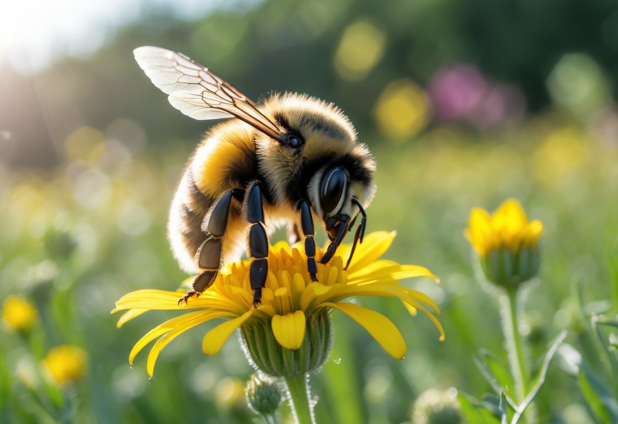 A bumblebee sitting on a yellow flower in a sunlit meadow with green foliage in the background.