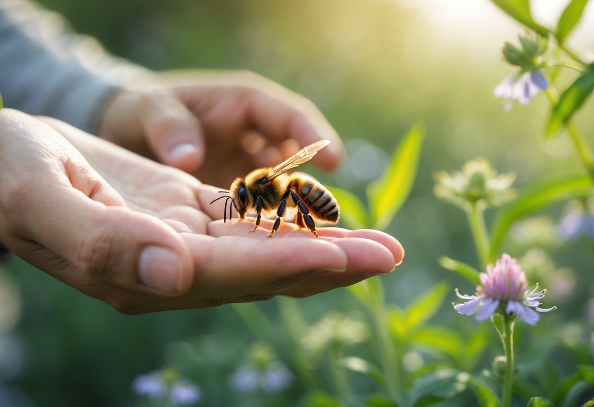 A person holding out their hand with a bee landing on their finger in a natural outdoor setting with green plants and flowers.