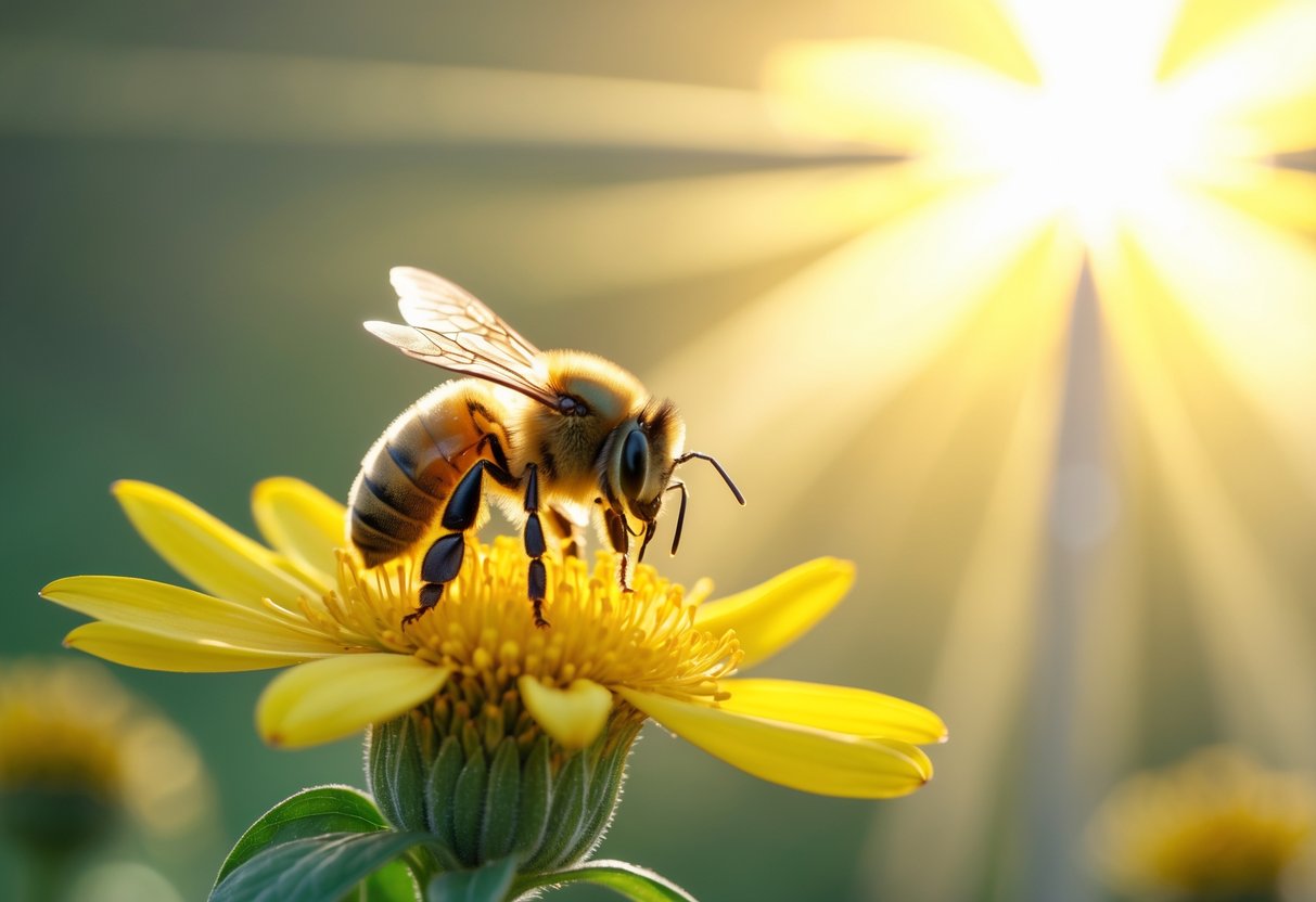 A close-up of a honeybee on a yellow flower with a warm sunrise in the background.