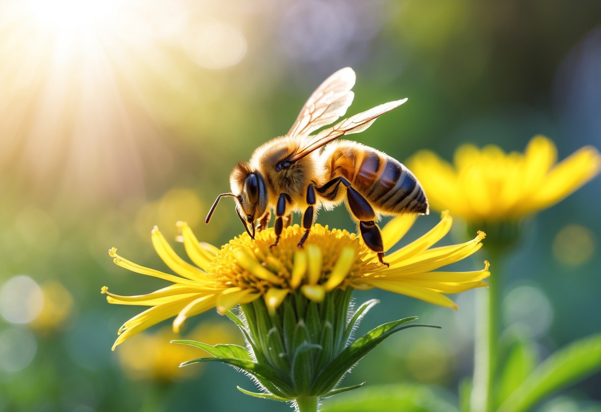 Close-up of a honeybee sitting on a yellow flower in a sunlit garden.