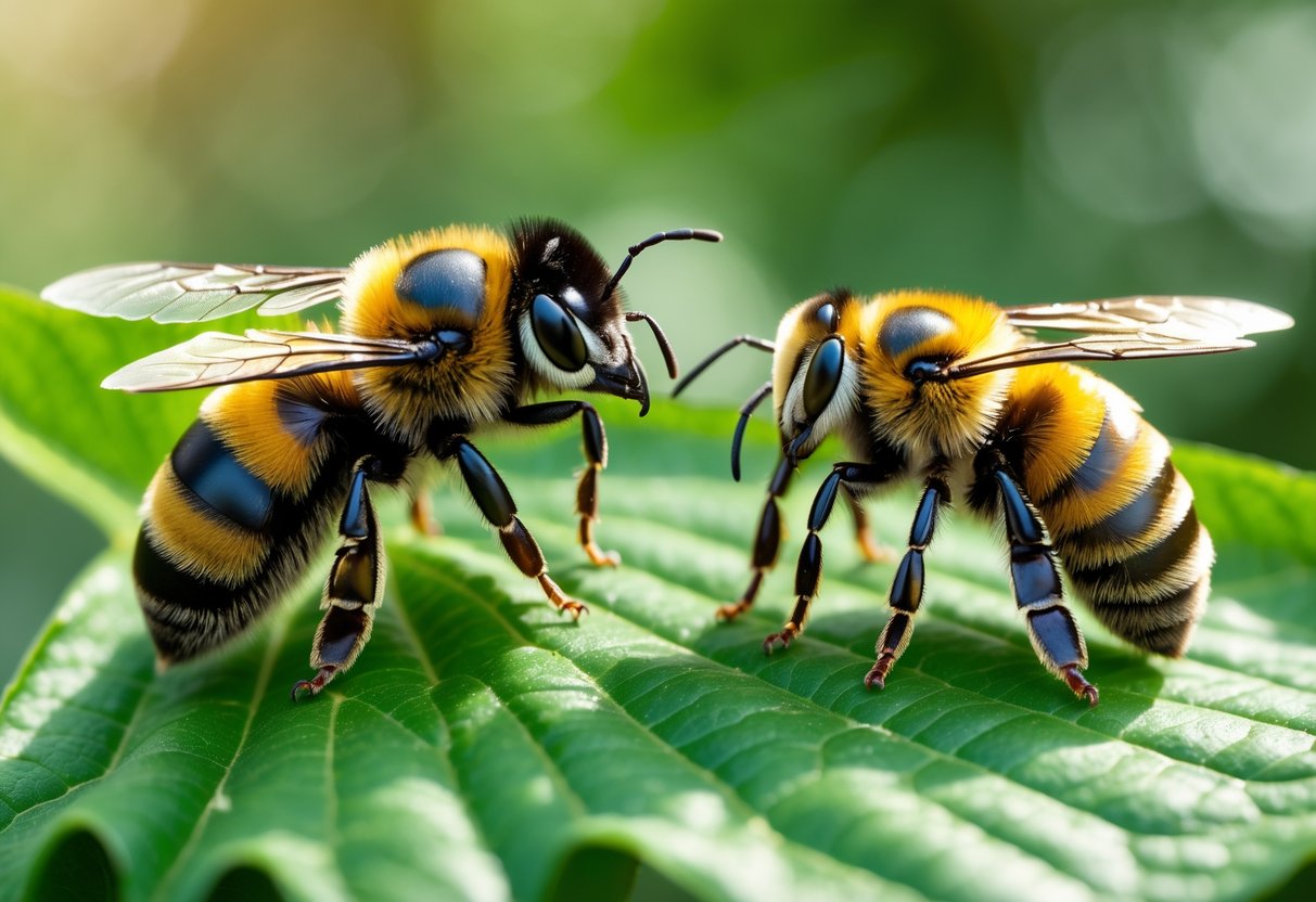 Close-up of a queen bumble bee and a worker bumble bee side by side on a green leaf showing their size and color differences.