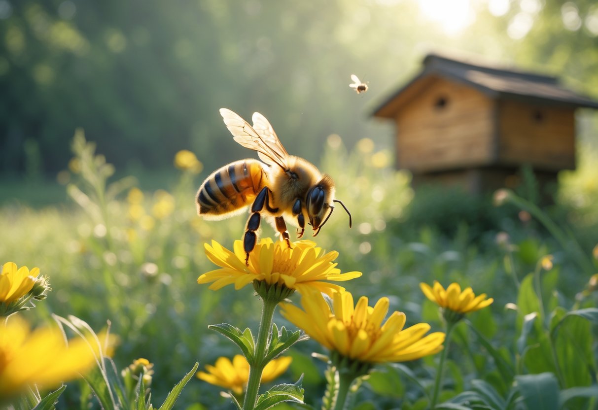 A close-up of a honeybee collecting nectar from a yellow flower in a lush meadow with a wooden beehive in the background.