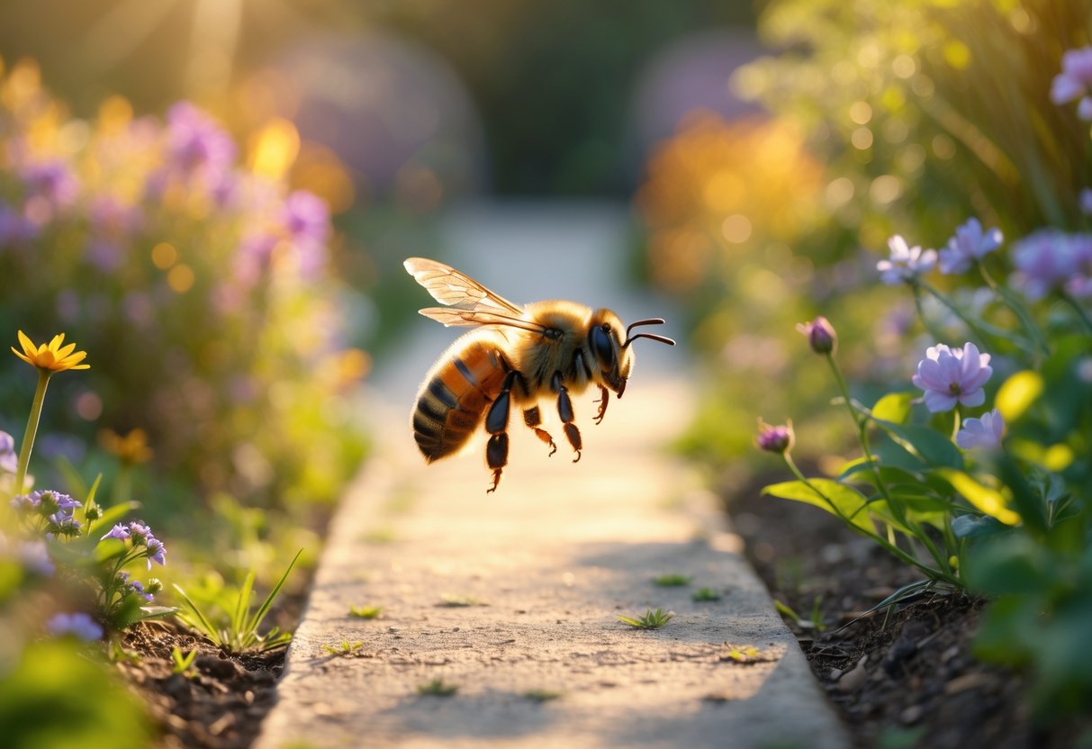 A close-up of a bee flying across a sunlit garden path with flowers and green plants around.
