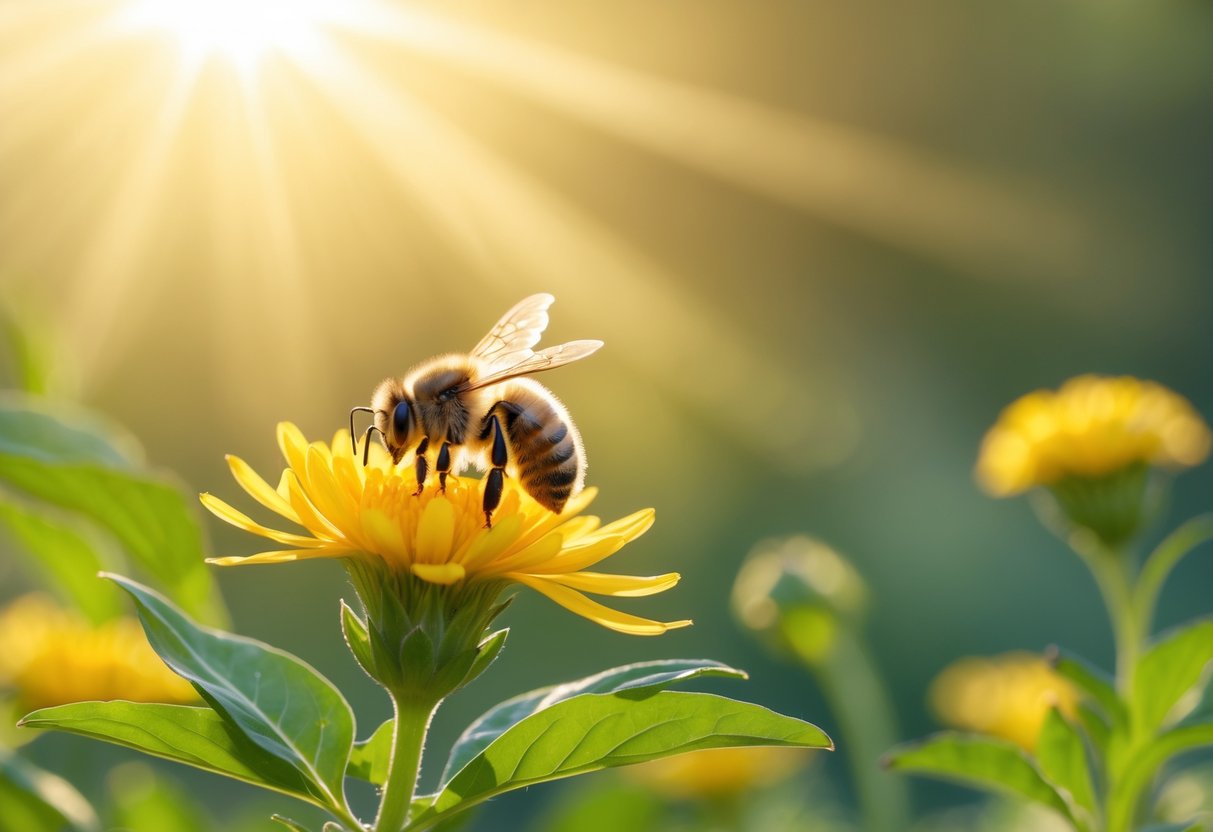 A close-up of a bee landing on a yellow flower surrounded by green leaves and sunlight.