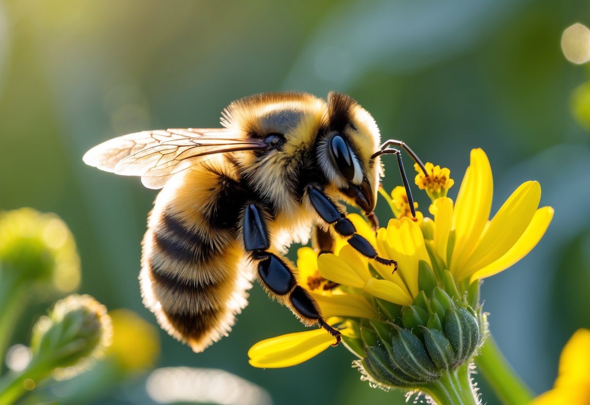 A bumblebee collecting nectar from a yellow flower with green foliage in the background.