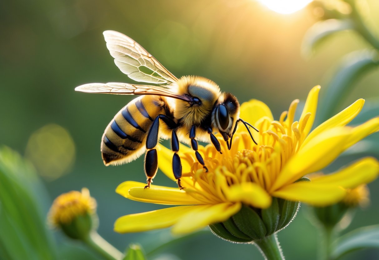 A close-up of a golden bee on a yellow flower with green foliage in the background.