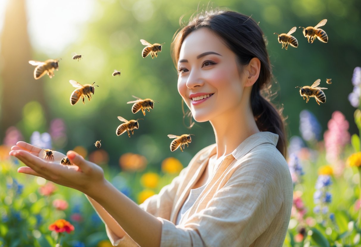 A young woman outdoors with bees hovering around her hand and shoulder in a garden full of flowers.