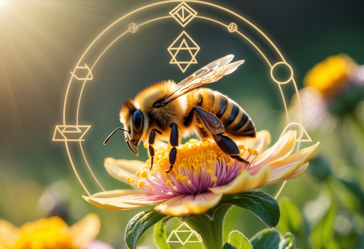 Close-up of a golden bee on a vibrant flower with soft natural background and glowing symbolic shapes around it.