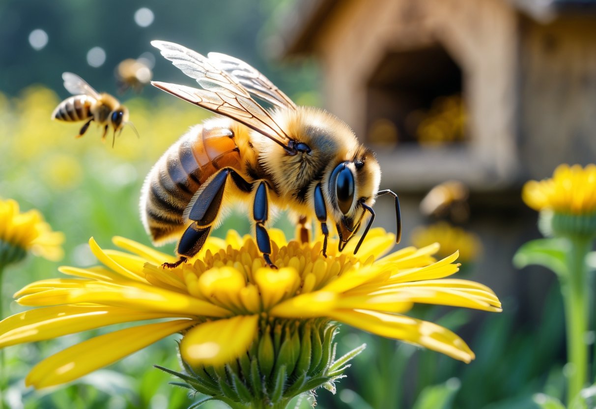 A honey bee collecting nectar from a yellow flower with a beehive and other bees in the background.