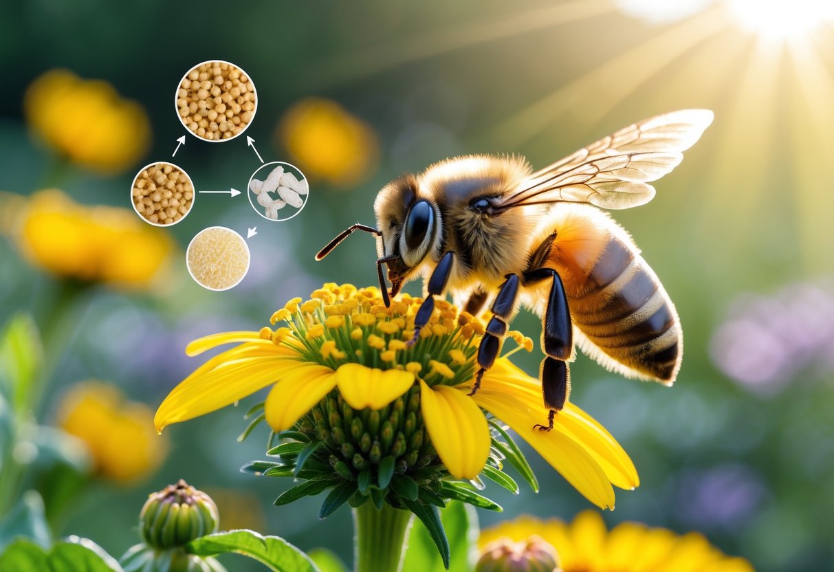 A close-up of a honey bee collecting nectar from a yellow flower in a garden.