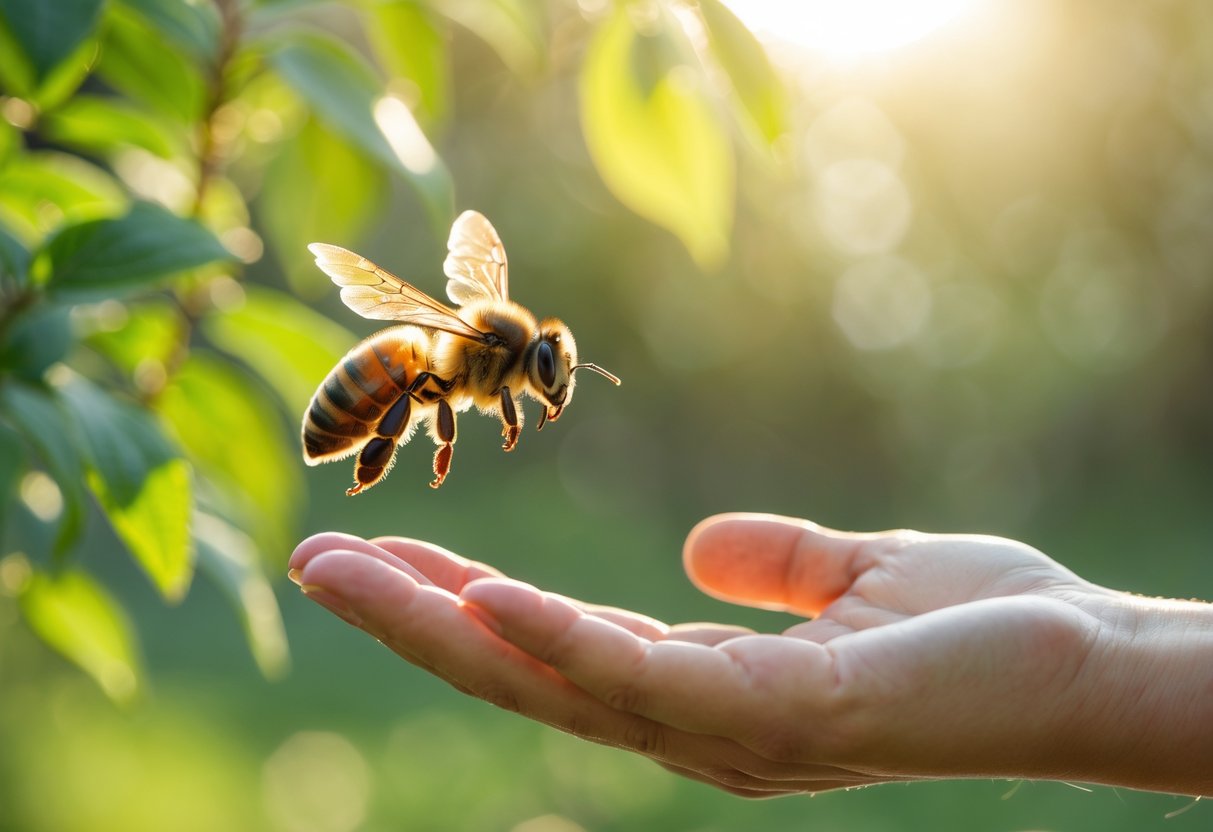 A honeybee hovering near a person's outstretched hand outdoors with green foliage in the background.