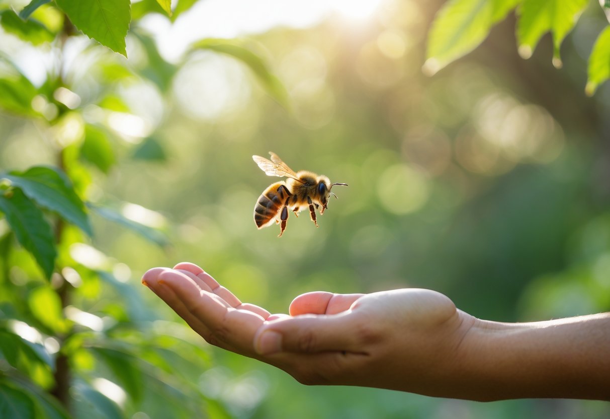 A bee hovering near a person's outstretched hand outdoors with green foliage in the background.