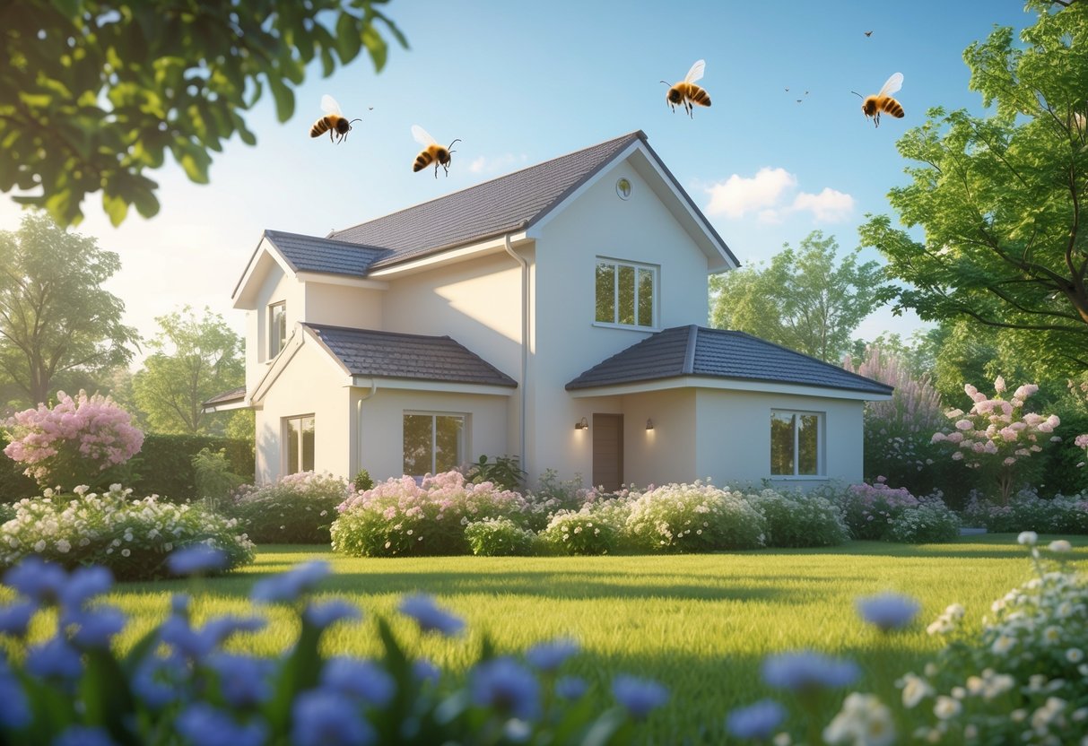 A peaceful house with bees flying around flowers in the garden under a clear blue sky.