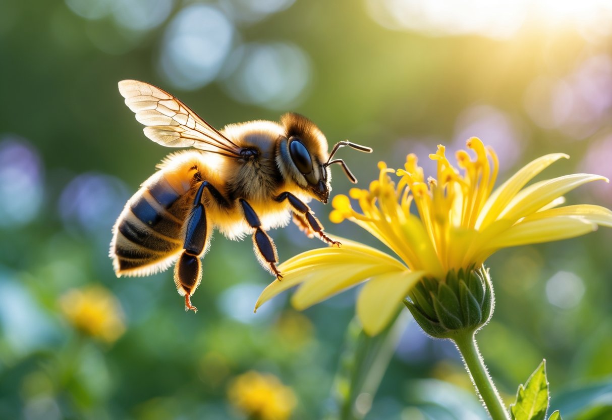 A bee flying near a yellow flower in a garden with green plants in the background.