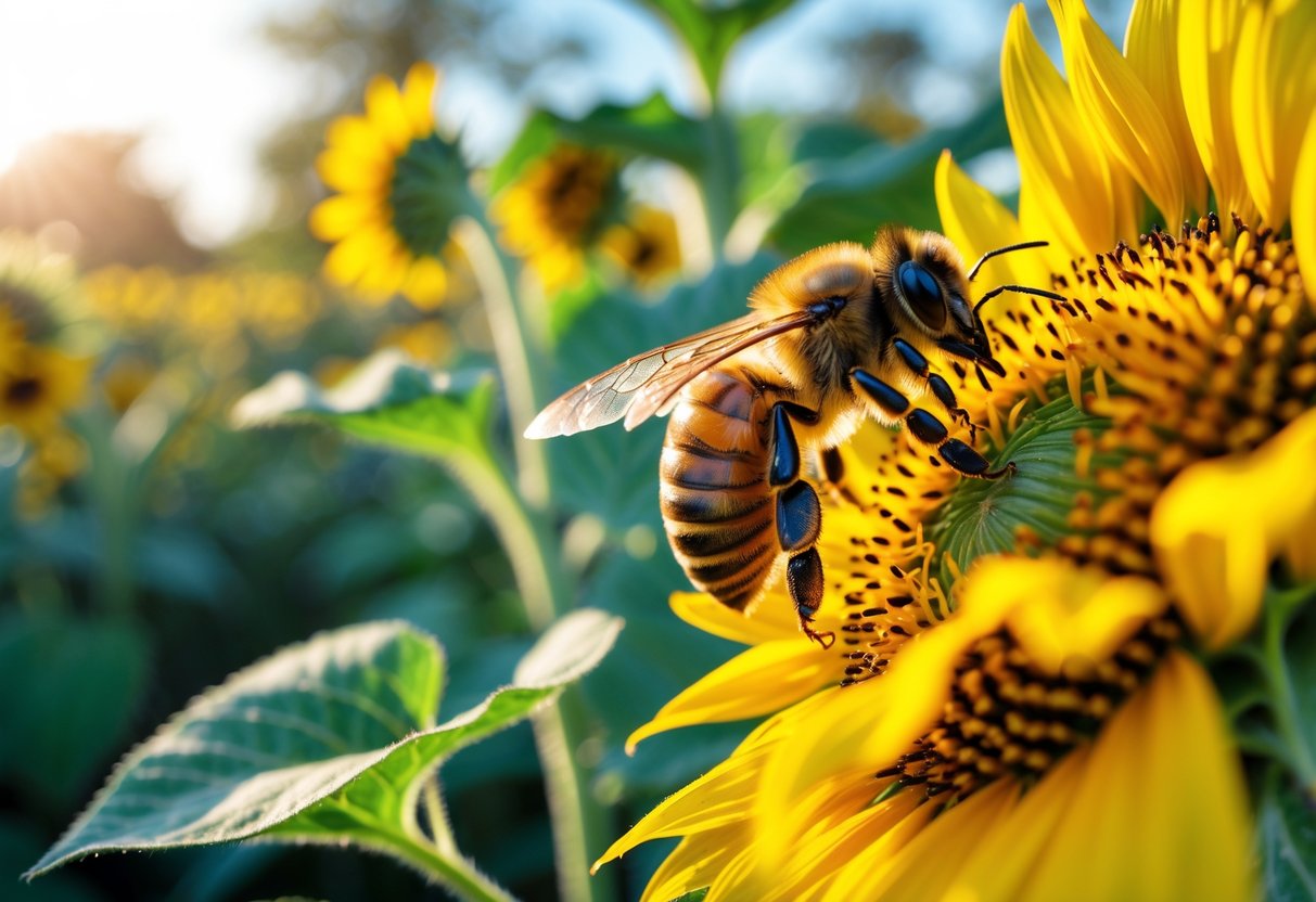 A honeybee collecting pollen on a bright yellow sunflower surrounded by green leaves and wildflowers.