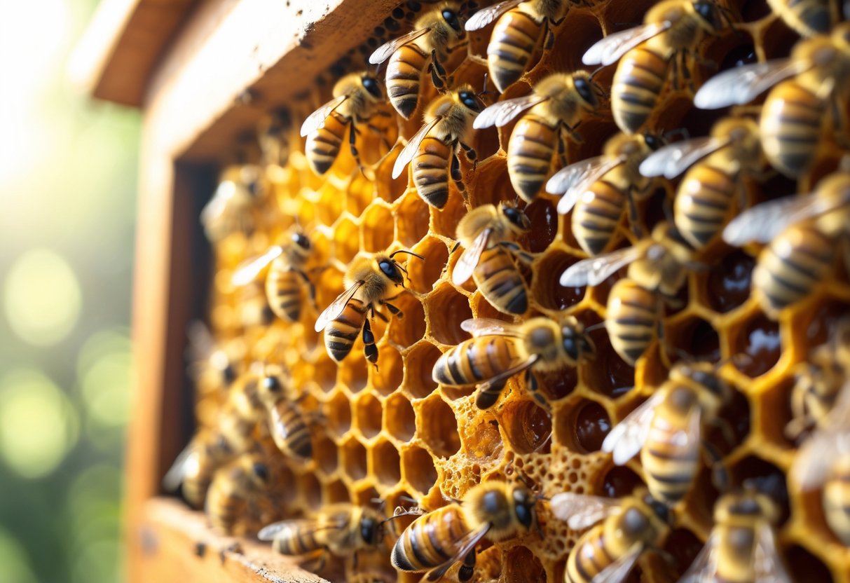 Close-up of honeybees working on a honeycomb inside a sunlit beehive.