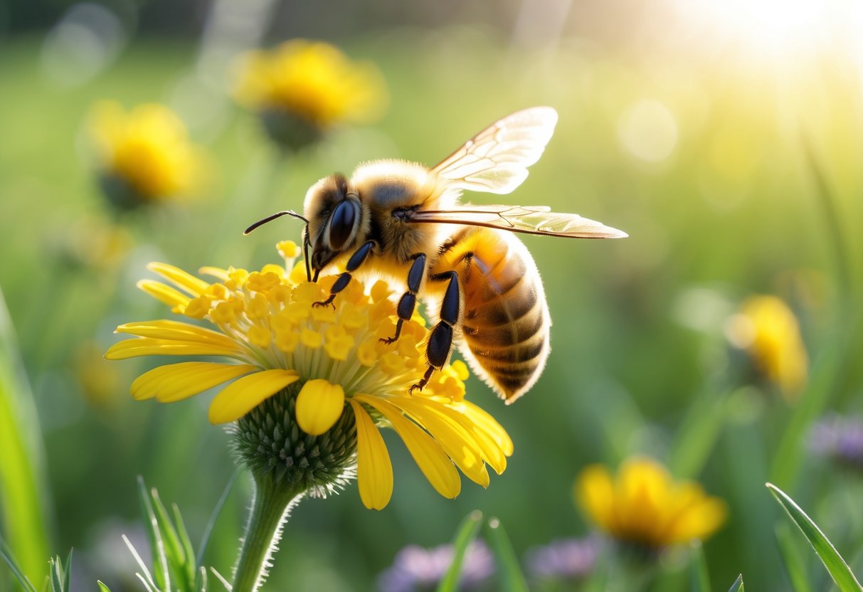 A honeybee resting on a yellow flower in a sunlit meadow with blurred green grass and wildflowers in the background.