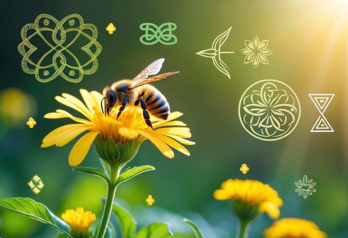 A close-up of a bee sitting on a yellow flower with soft sunlight and subtle cultural patterns in the background.