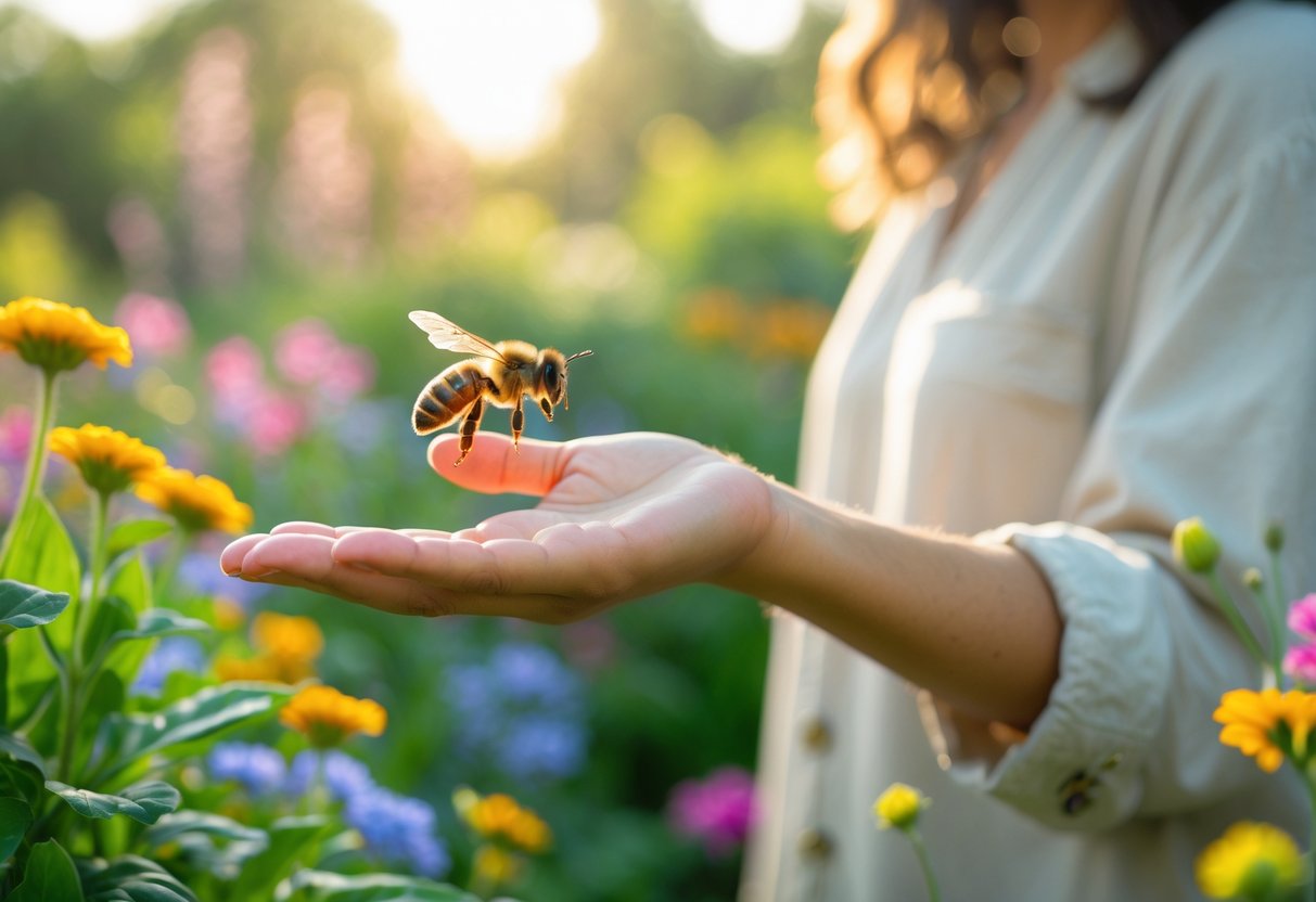 A person standing in a garden with a bee hovering near their outstretched hand among colorful flowers.