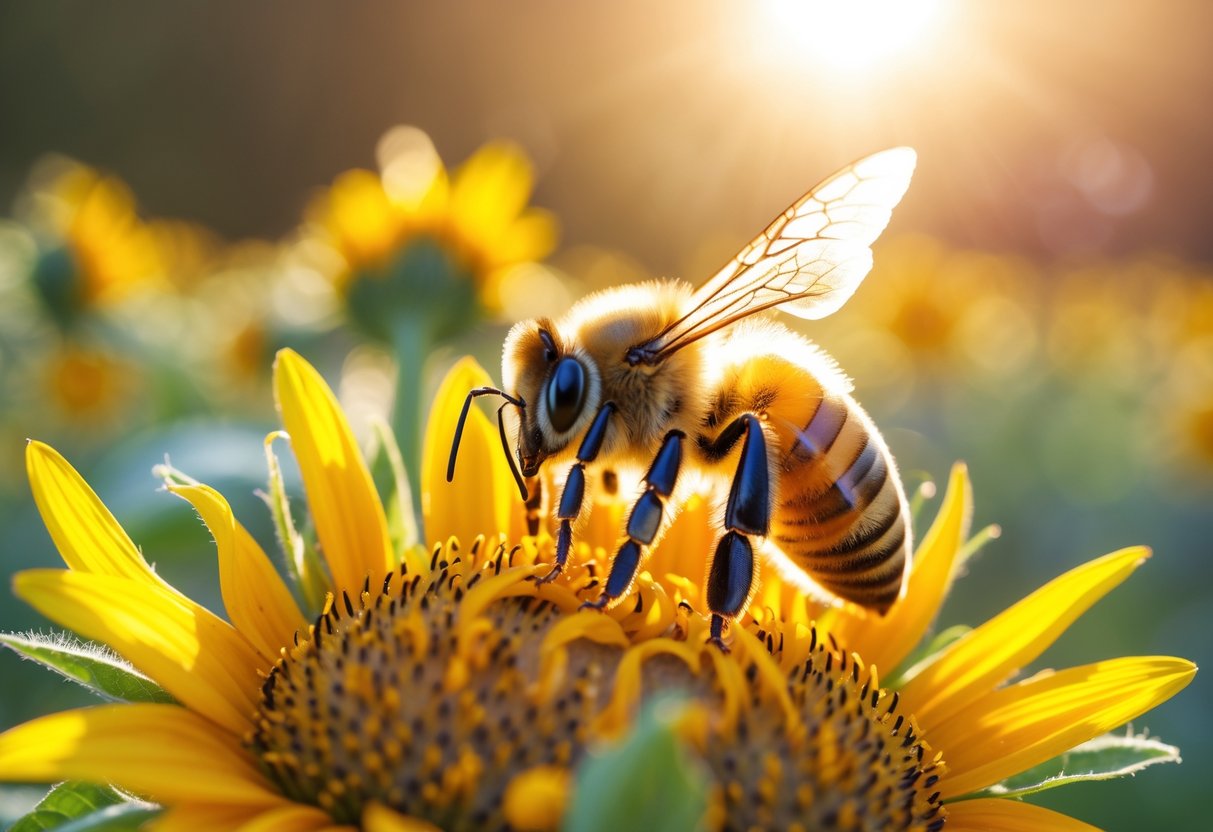 A close-up of a honeybee on a sunflower in a sunlit meadow.