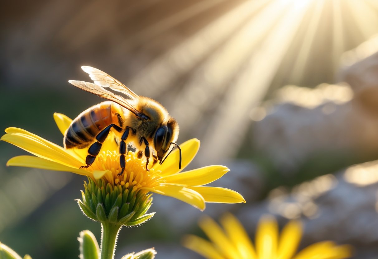 A close-up of a honeybee on a yellow flower with soft sunlight and a serene natural background suggesting spirituality.