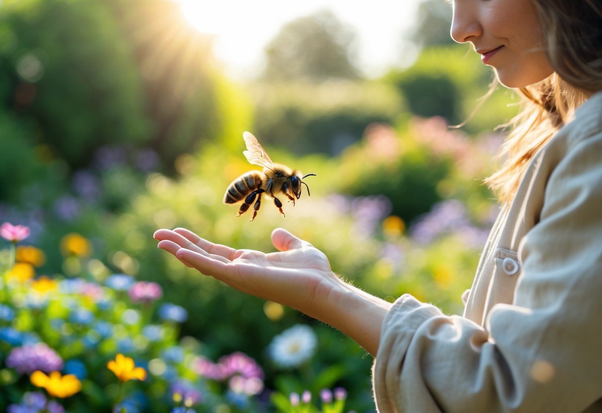 A person gently holding out their hand while a bee hovers nearby in a garden with flowers.