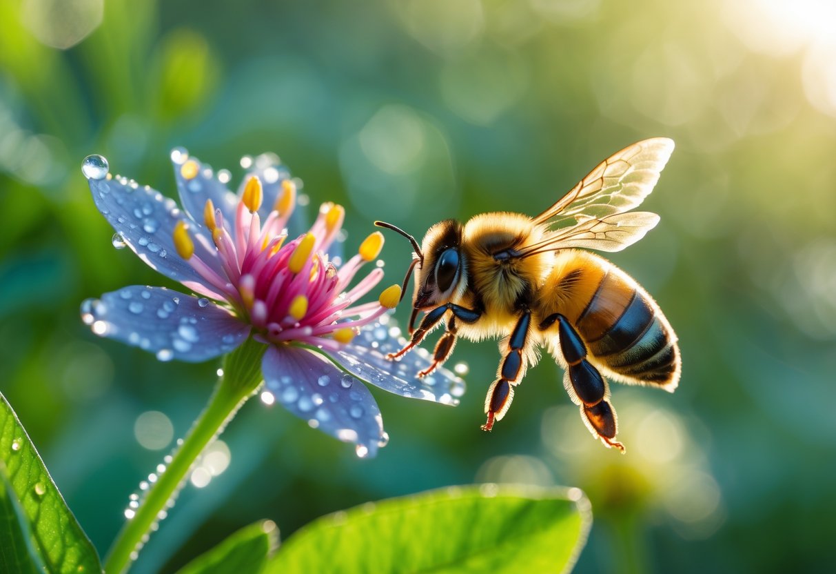A bee flying toward a colorful flower with green leaves in the background.