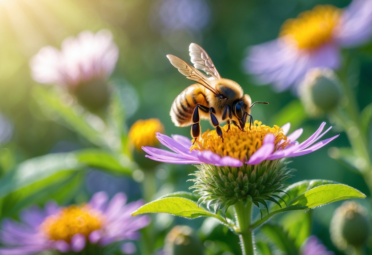 A bee collecting nectar from a colorful flower in a garden.