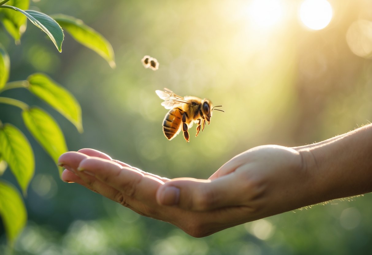 A honeybee flying near a person's open hand outdoors surrounded by green foliage and sunlight.