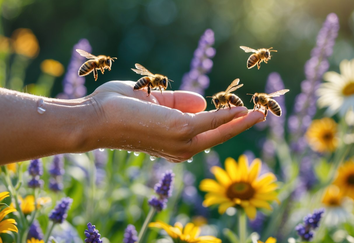 A close-up of a human hand extended in a garden with bees landing on the hand and nearby flowers.