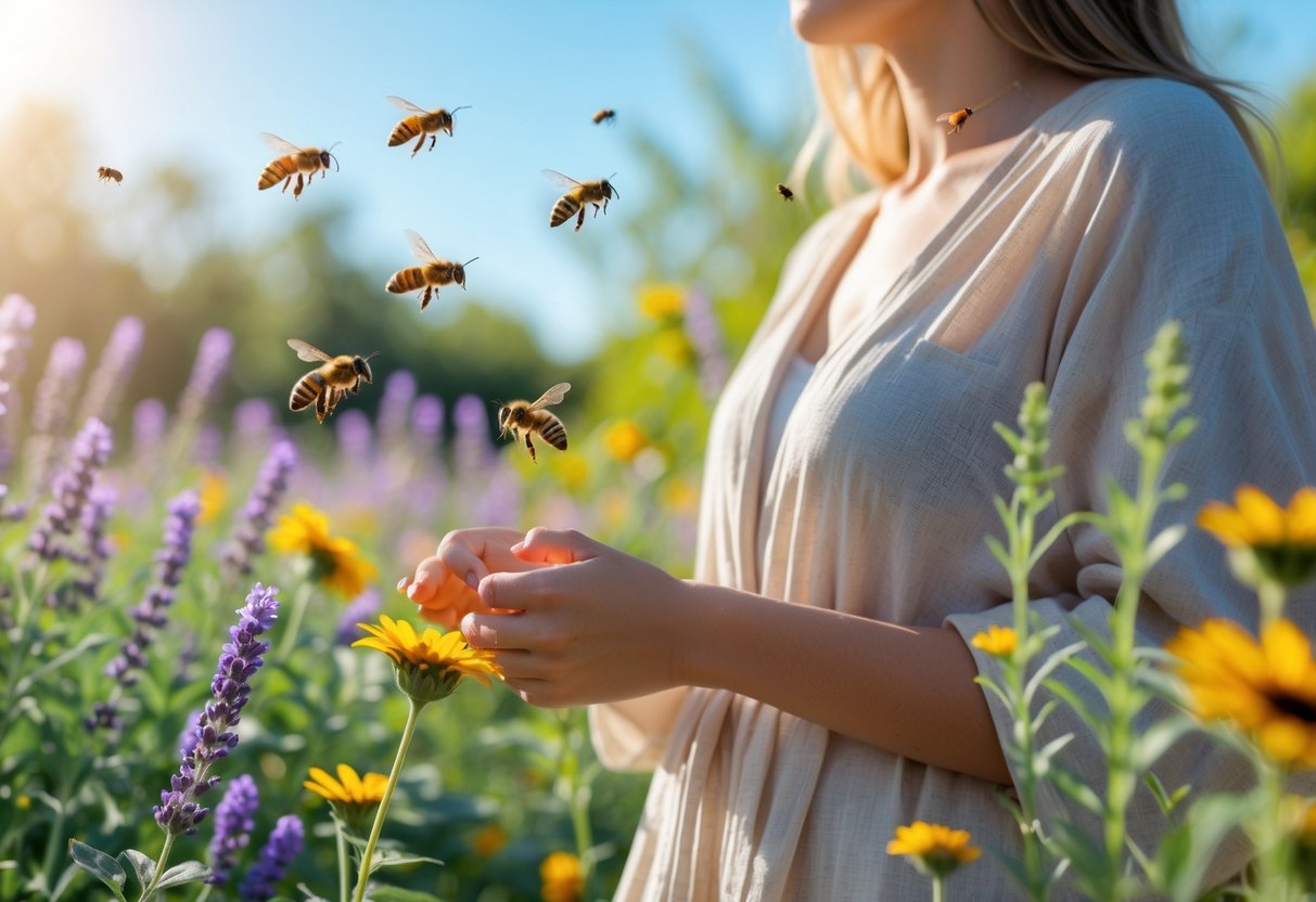 A person outdoors surrounded by colorful flowers with bees flying nearby in a sunny garden.