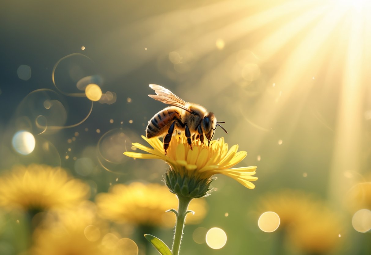 A close-up of a bee resting on a yellow flower in a sunlit meadow with soft light and a blurred background.