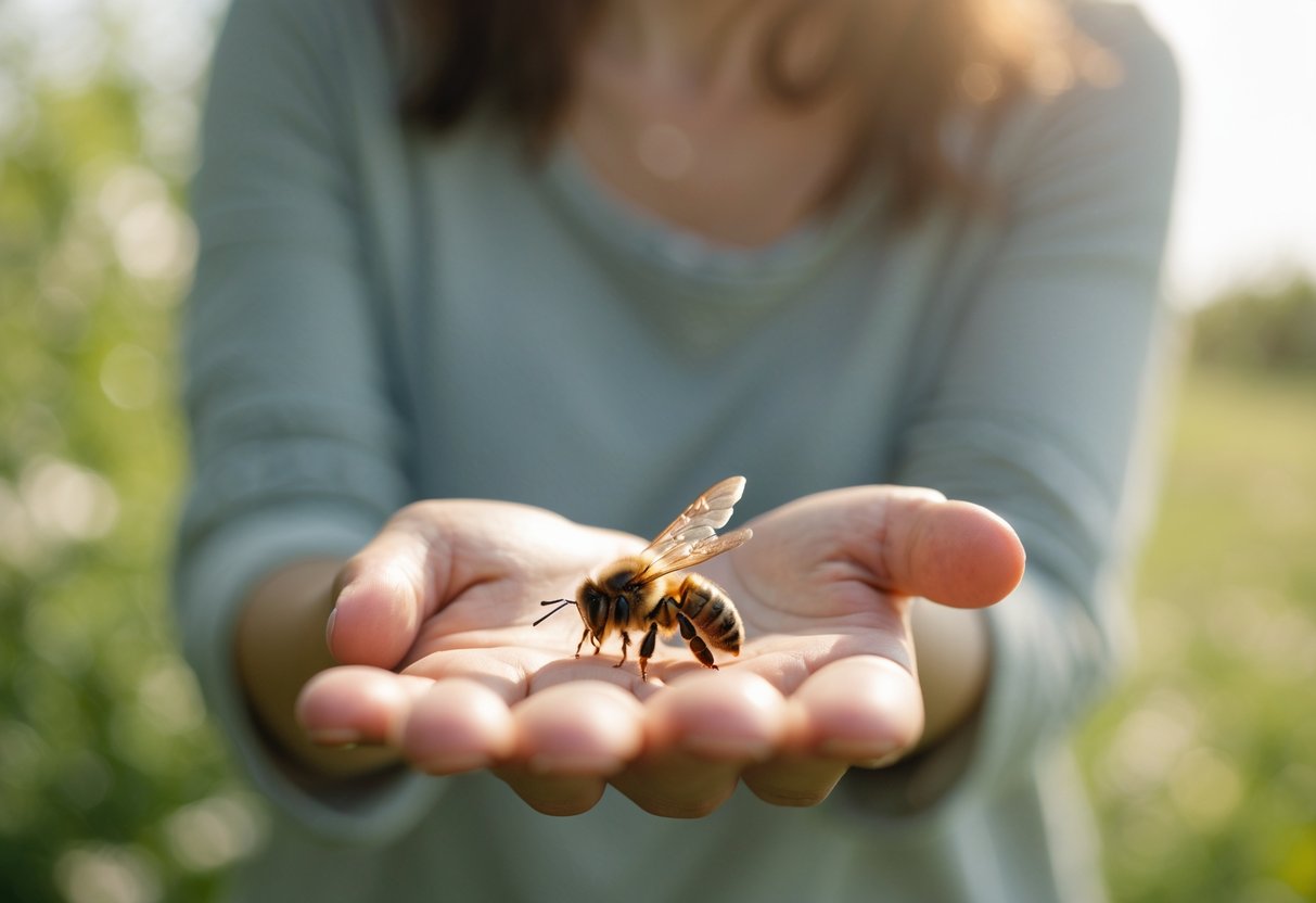 A person calmly holding out their hand with a bee resting on it in a natural outdoor setting.