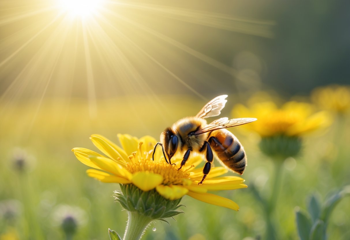 A close-up of a bee resting on a yellow flower in a sunlit meadow with soft light around it.