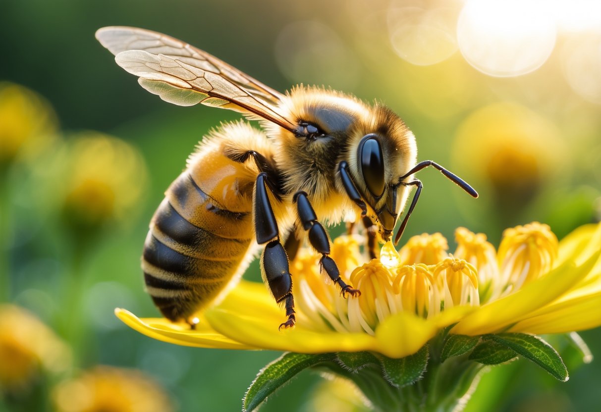 A honeybee collecting nectar from a yellow flower in a garden.