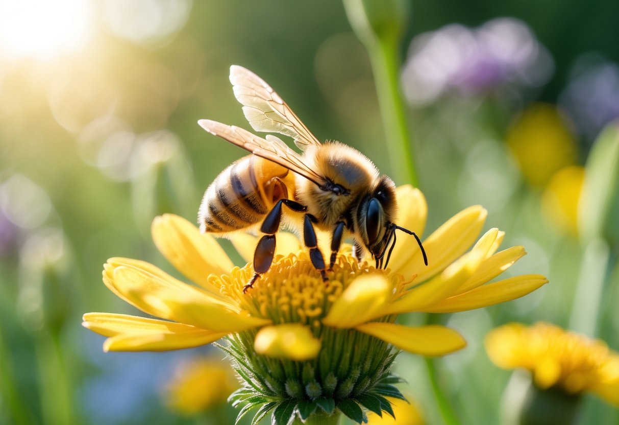 A honeybee resting on a yellow flower with green plants blurred in the background.