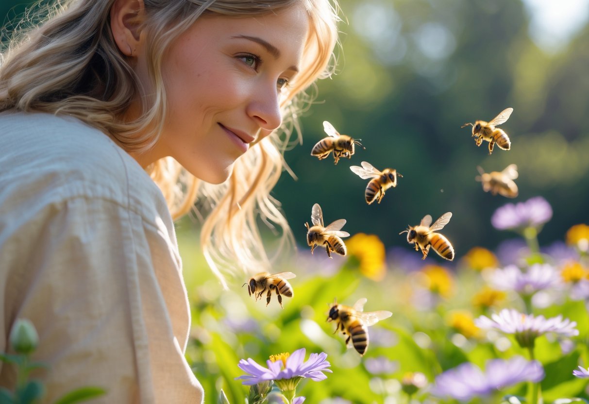 A person outdoors surrounded by bees flying near them among flowers and greenery.