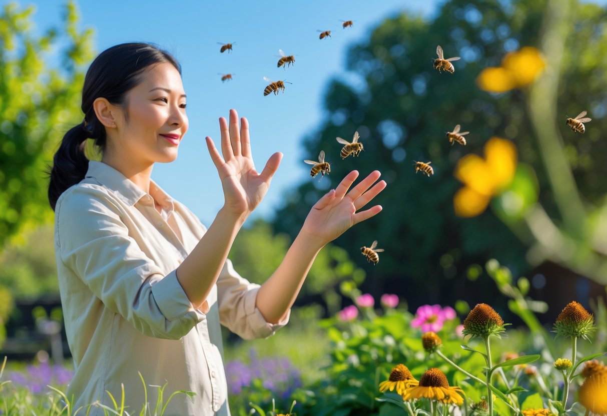A person outdoors in a garden gently waving their hand to keep bees away near colorful flowers.