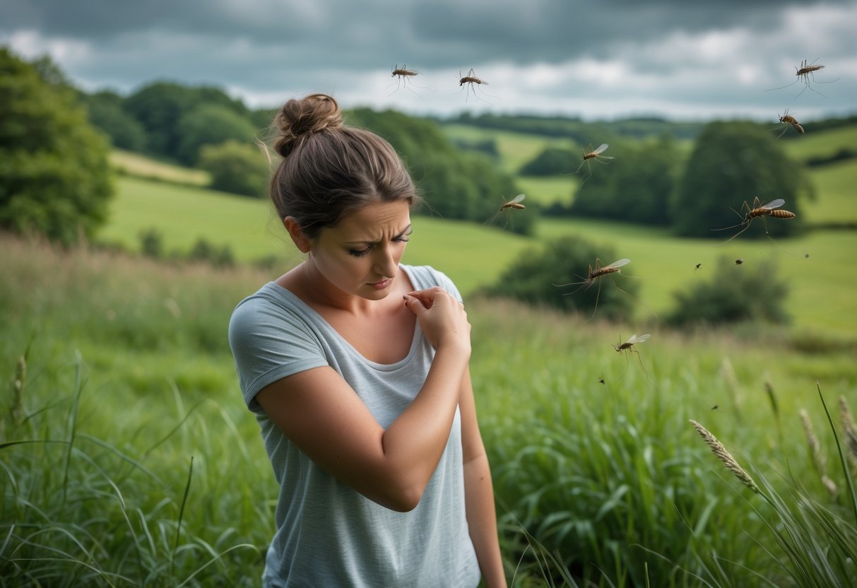 A person outdoors in a green park scratching their arm with mosquitoes flying nearby.