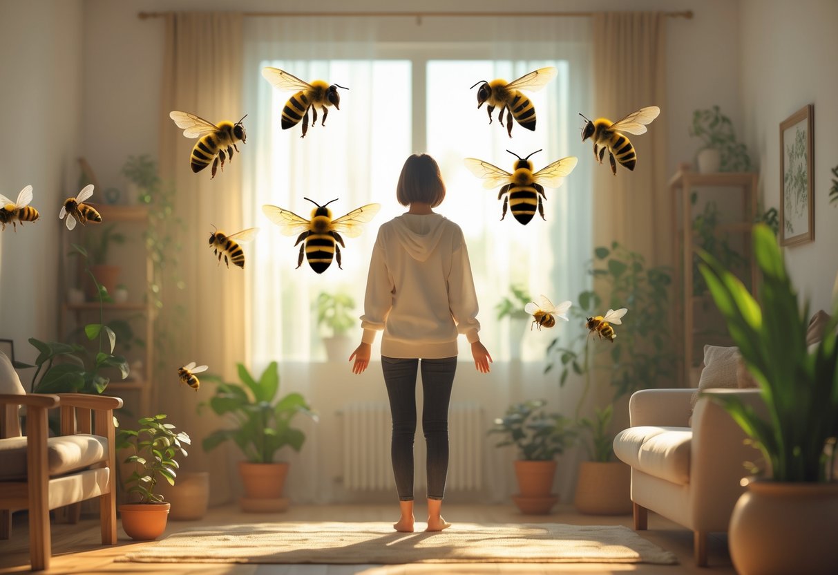 A person standing calmly in a sunlit living room with bees flying gently around them.