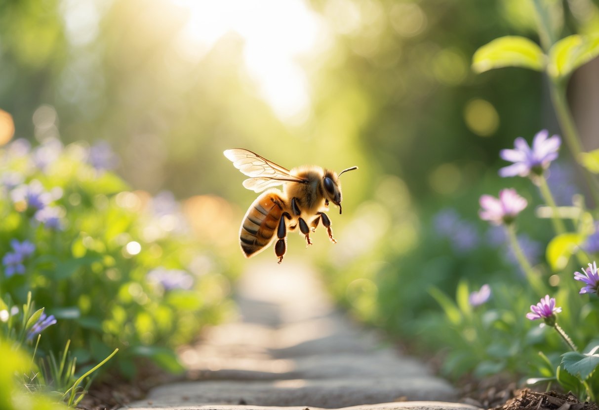 A honeybee flying over a sunlit garden path surrounded by flowers and green plants.